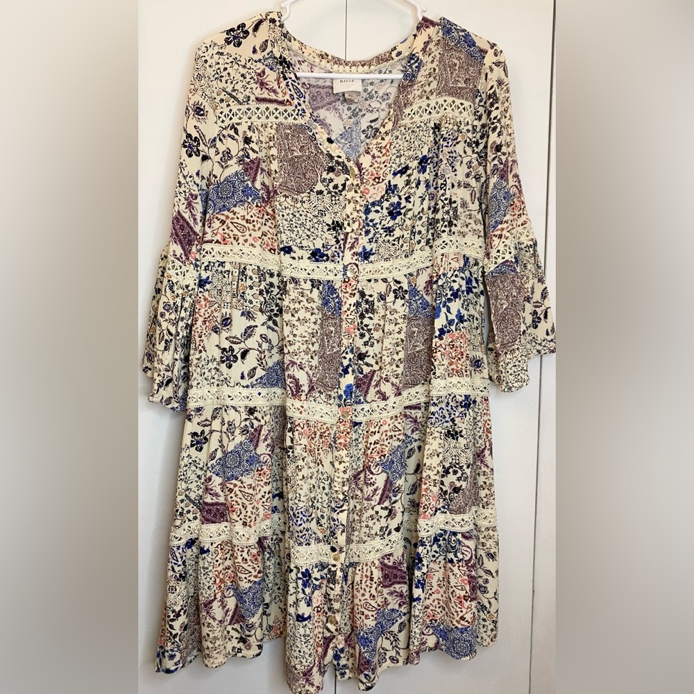 Knox Rose Multicolor Patchwork Long Sleeve Dress (XL) Ptp21”-22”